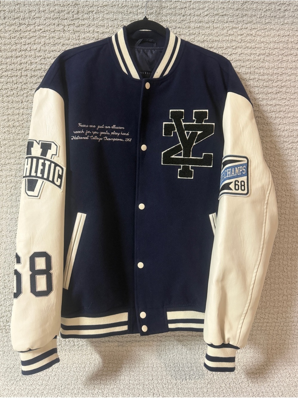 ASOS DESIGN NWOT oversized varsity bomber jacket navy with faux leather sleeves